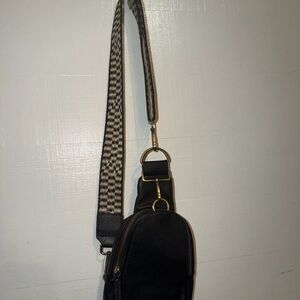 Anthropologie Black Leather Crossbody with Patterned Strap